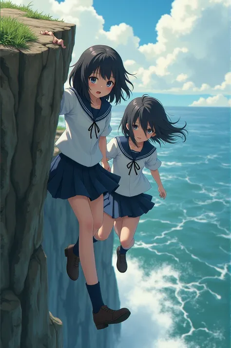 two girls dressed in sailor suits clinging to the lip