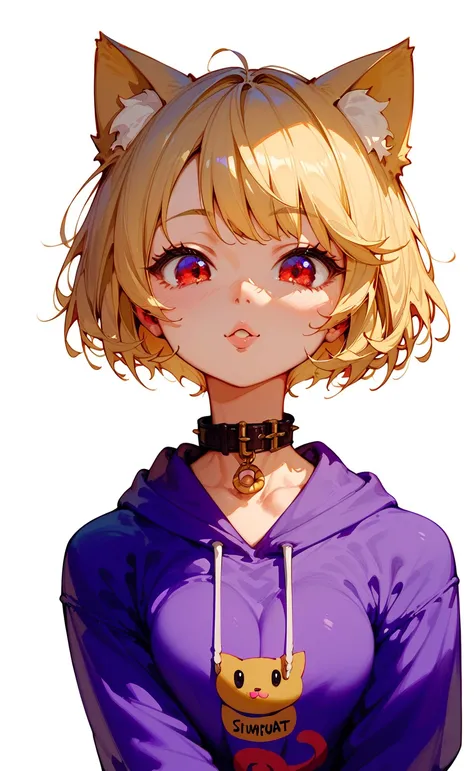  1 girl , solo,  high definition , Blonde、 short hair、Golden cat ears、Red eyes、 big eyes、Black collar、Purple hoodie、 hot pants、White background、whole body