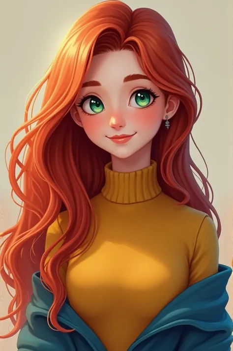 Stardew valley portrait model,beautiful girl with long red-blood hair,shining light green eyes,small mouth with beautiful smile,wearing yellow turtleneck and blue allover 