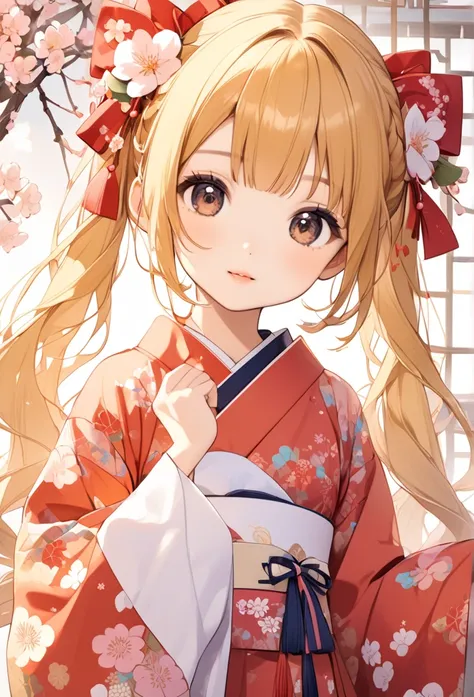 kimono、New Year、A beautiful girl with long Blonde hair, twin tails and a ribbon on her head  . Cute and beautiful.