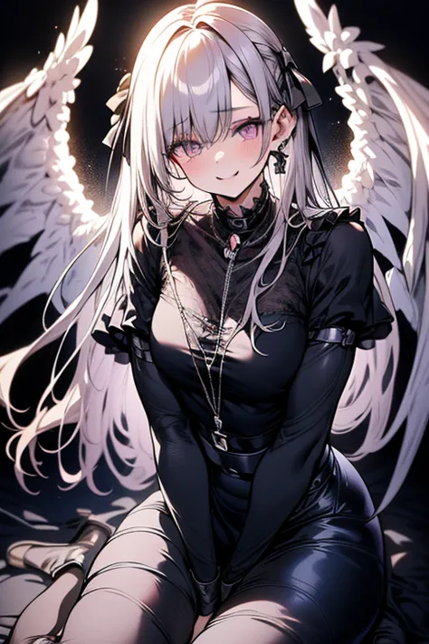 a gothic lolita angel of punishment, long white hair, purple eyes, 4 wings, holding a black sword, mature, slender, tall, (best ...