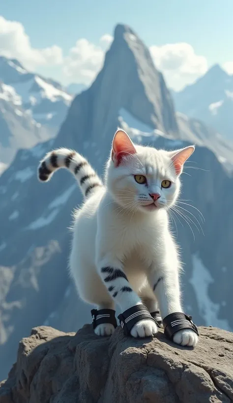 White cat stripes,white and black shoes, brown shorts, The cat fell on the top of the mountain and broke its leg.