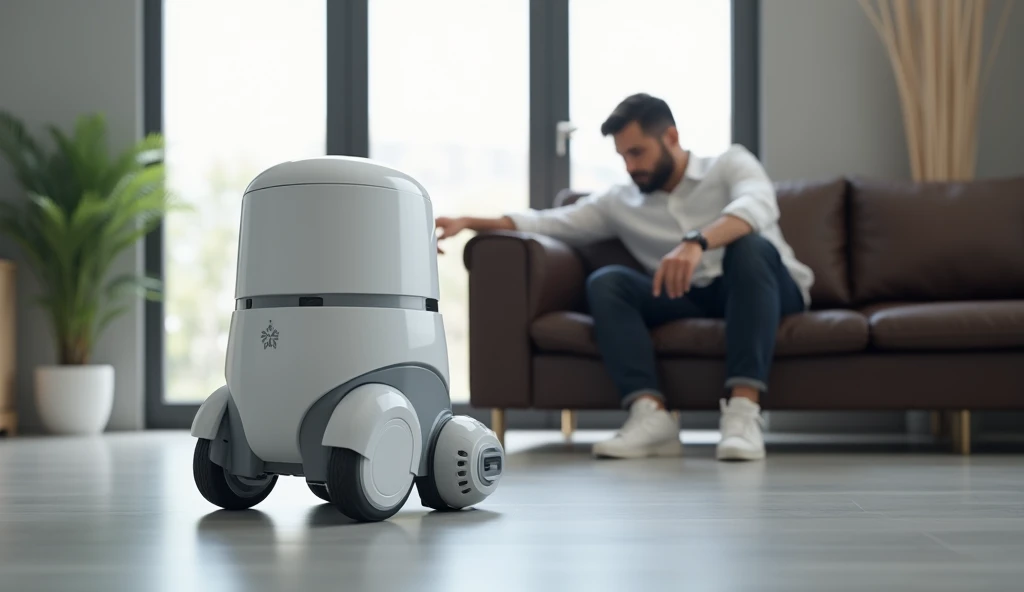 A white robotic vacuum cleaner is depicted in a modern living room, cleaning the floor. The robot, positioned slightly left of center, is a light gray/white humanoid shape with articulated limbs. Its actively vacuuming a light-colored floor.  A man in a wh...