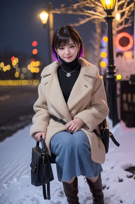 Outside the City Room 、 fur coats、豪華なグレーのミンクの fur coats、Wear fine leather boots 、Luxury Bags、 turtleneck with collar 、Silver necklace and small silver earrings,  Ilionaire Style :1.4））、  full body photo 、smile、  caustics、High definition photos、 very beauti...