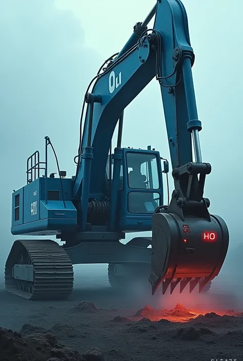 Blue excavator with a bomb about to explode