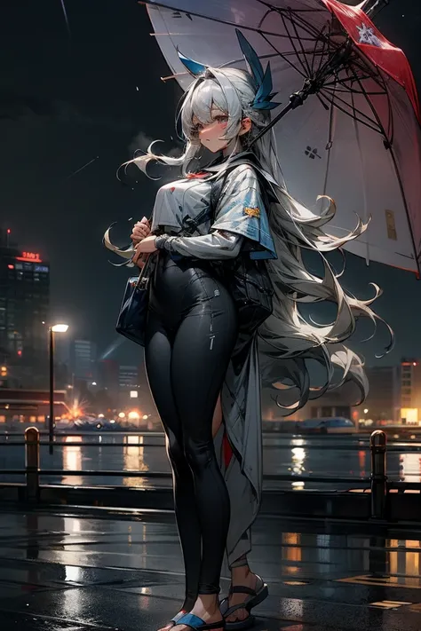 woman、 anatomically correct、 detailed eyes 、 semi-long hair、 Silver Hair、 blue rain tote 、 white shirt、Heavy drops of water float around navy leggings 、 blue sports sandals 、周りに大量の水滴が浮かぶ、folded umbrella、 street、Standing quietly 、Night city in the backgroun...