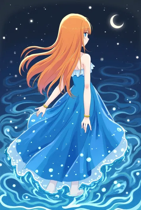 (masterpiece,  best quality), ((1 Girl,  unique ,  long hair)), Ishmael_edge,   Orange Hair ,  bare arms , bare shoulders,  bare neck , watercolor, dress, liquid clothing , water, waves, water dress,  blue_theme, night, mist,  dark ,  clearly focuses , sea...