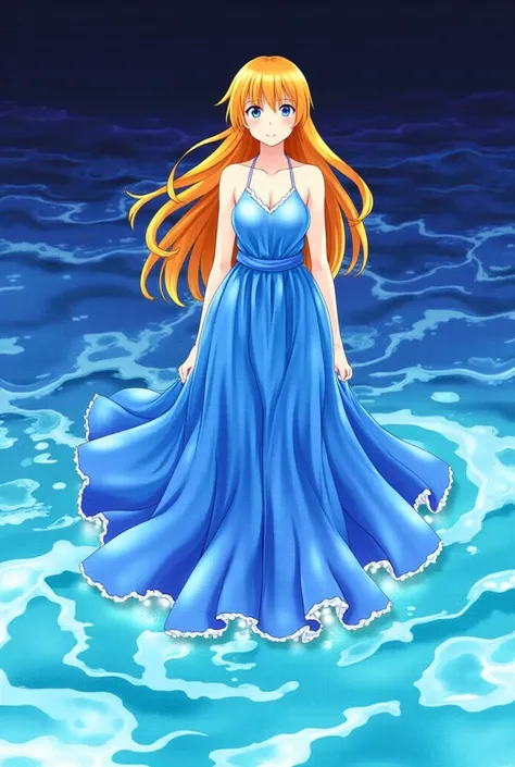 (masterpiece,  best quality), ((1 Girl,  unique ,  long hair)), Ishmael_edge,   Orange Hair ,  bare arms , bare shoulders,  bare neck , watercolor, dress, liquid clothing , water, waves, water dress,  blue_theme, night, mist,  dark ,  clearly focuses , sea...