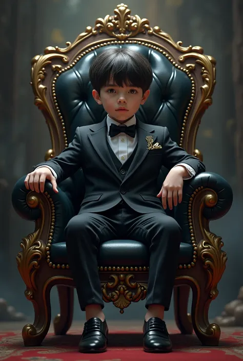 make a boy sitting on a beautiful chair, hes clothing should be elegant and hes cloth has a word that says BLACK and the background has a word that says Night Shift