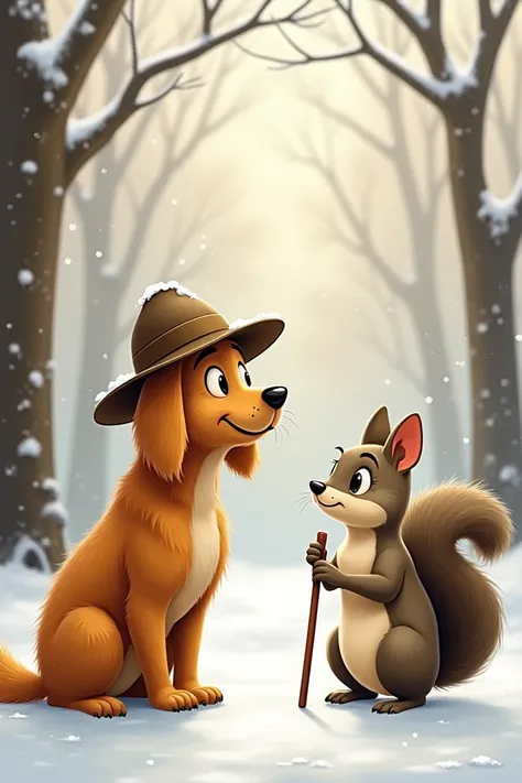 Create illustrations for scene .  A golden retriever with a detectives hat on his head talking to a squirrel .  Its winter in the park and the squirrel looks old because it has a grace to lean on