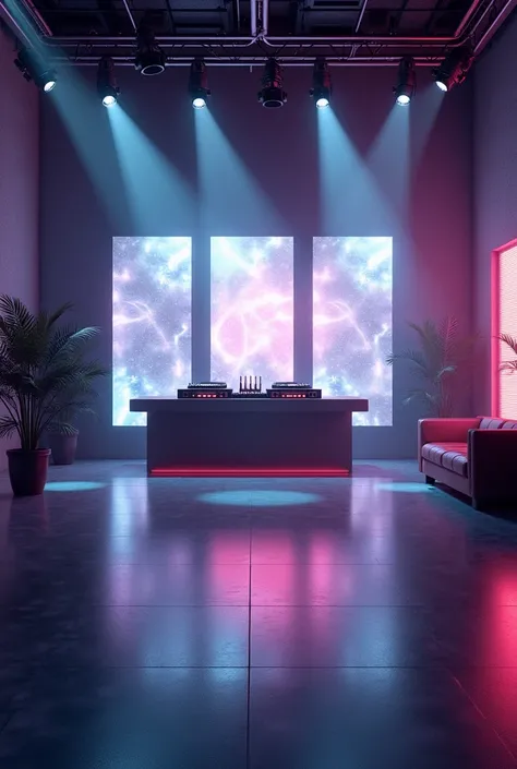 Design a realistic digital rendering of the interior of an empty house music club. The atmosphere should convey an air of trendy sophistication and anticipation. The space is dimly lit, with strategic illumination provided by dynamic white spots and vibran...