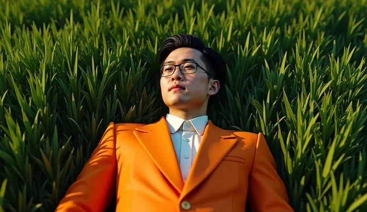 Handsome Korean guy lying on the grass, wearing an orange suit, hair parted and slicked back, solid figure, sad face, high definition, Cinematic lighting, realistic scenery, Camera angle from above