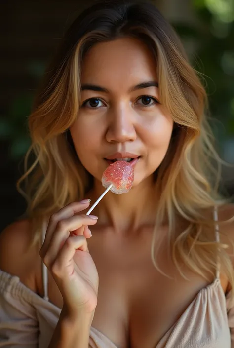 Beautiful matured Malay woman sucking lolipop. Sucking half of lolipop in mounth. Plump body figure, medium golden hair. Close up portrait. CG. Masterpiece, realistic photography. 8k UHD, Winner award. Natural light.