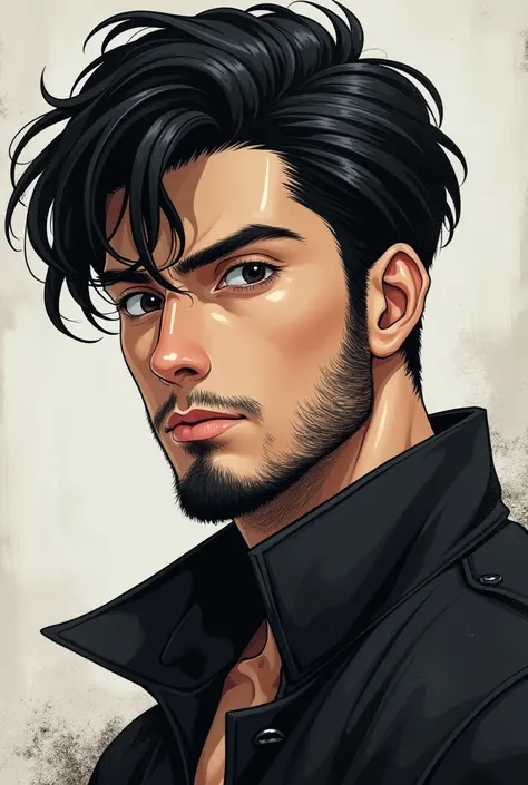 Anime boy with black hair and black beard 