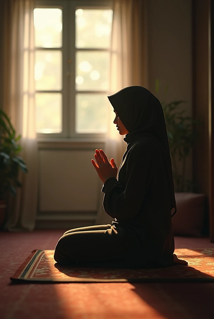 Siti sitting on a prayer mat in a quiet corner of the pesantren dormitory, performing shalat istikharah. The atmosphere is serene, with soft light filtering through a window realistic hd 