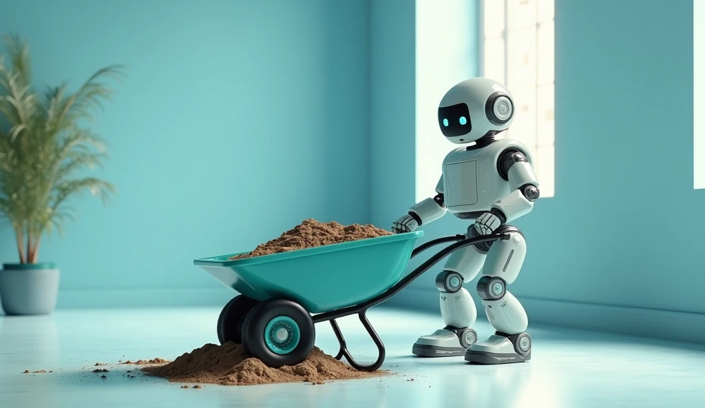 Light-gray robot, retro style, pushing a teal wheelbarrow filled with dirt and debris, (detailed robotic features:1.3), central position, facing forward, slightly bent posture, holding long, thin cleaning tools, photorealistic rendering, brightly lit room,...