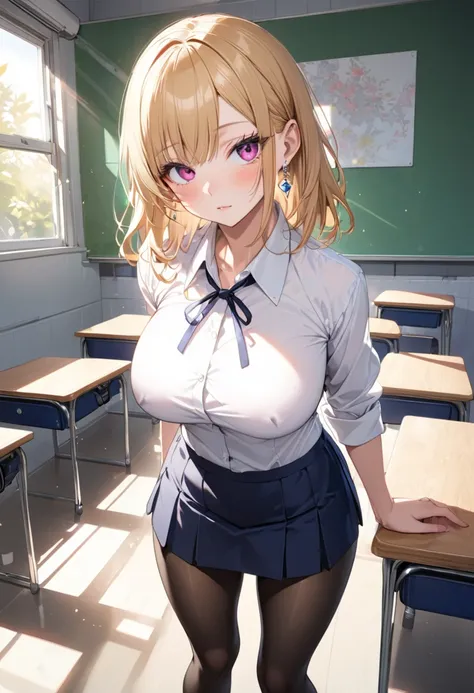 (((Best quality))),(((master piece))),(detailed eyes),one adult woman, mature,  gold hair, bobbed hair, asymmetry bangs,earrings,  long lashes,pink eyes, blush, narrow eyes:1.2,catch light, High school student, High school uniform, untucked white dress shi...