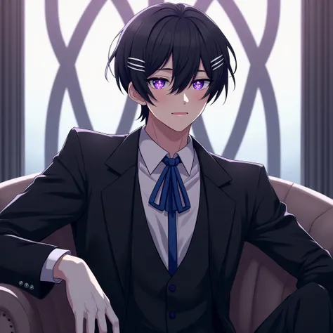 1 anime boy, sensei (blue archive), blue archive, sitting ,Short black hair, purple eyes, with an 8-pointed star in the middle of the eye.Attach two silver hair clips. Wear a black The wings are not wide.Wear white gloves. hat. Blue ribbin ties black suit,...