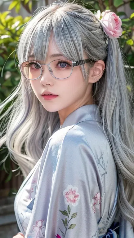 (( Silver hair blown by the wind 、 Japanese、Glasses))、 flower-patterned yukata 、A brightly colored kimono。(realiStic、 photorealistic、 super detailed、beSt detailed SkinS、higheSt quality、maSterpiece、超A high reSolution)、cute ruSSian woman、S、high School girl、 ...