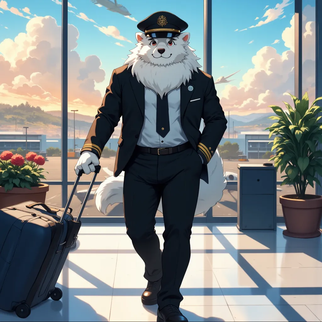 character focus, full body, looking away, dynamic angle, airline pilot, a middle-aged clothing white shepherd man, break full bo...