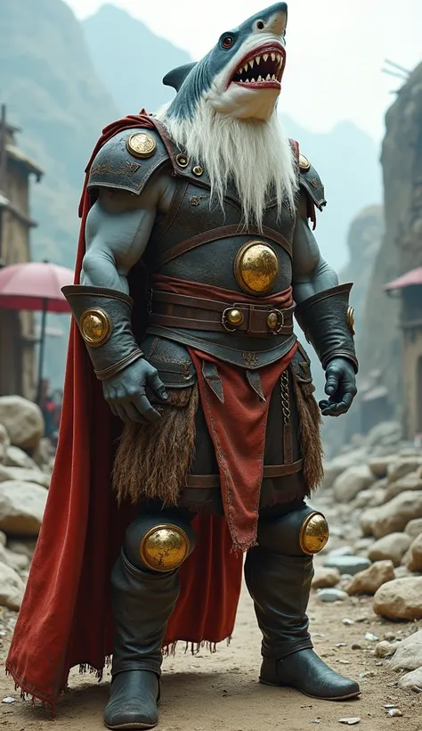 "Muscular humanoid with a great white shark head, long white hair and beard, and sharp teeth, wearing leather armor with an aged red cape with worn straps, golden circular emblems, and a rough, tattered skirt, his skin is that of a gray shark , medieval st...