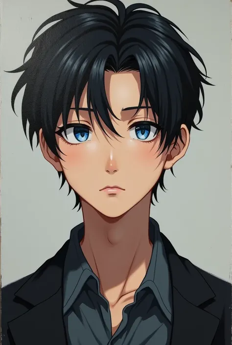 anime man with black hair and blues eyes is age is 21 years old oil art