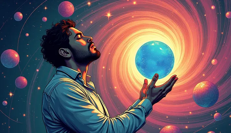 The image is a colorful illustration of an man, holding a crystal ball in his hand. Use dynamic colors and flowing patterns to enhance the mystical atmosphere, intricately designed, creating a sense of enchanting energy. Mind bending, dreamy, ethereal, fan...