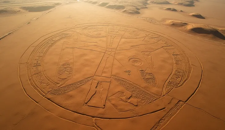 An aerial view of the mysterious Nazca Lines in the Peruvian desert, showing giant, intricate patterns etched into the earth. The lines form geometric shapes, animals, and human-like figures, all visible in their full magnitude from the sky. The landscape ...