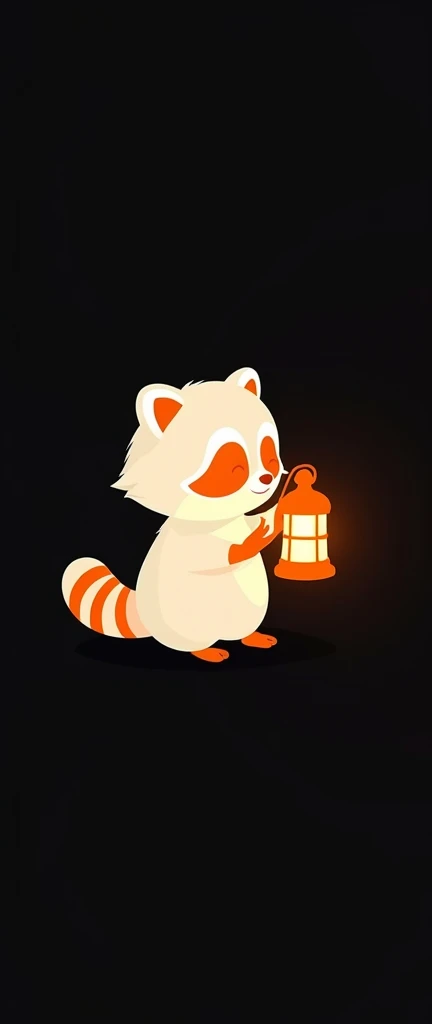 A minimalist logo with the silhouette of a fluffy baby raccoon against a black background. The raccoon is holding a lantern. The raccoon is rendered in contrasting white and orange colors. The logo has a dark fantasy vibe.