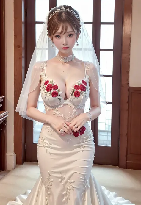 church、 Wedding Style、thin fabric prom dress、Small Rose Embroidery 、 Wedding Veil、Transparent areola、Large Breasts、Best Breasts、Firm breasts、Beautiful breasts、Big Breasts、Busty、超Big Breasts、Small waist、pearl earrings、
