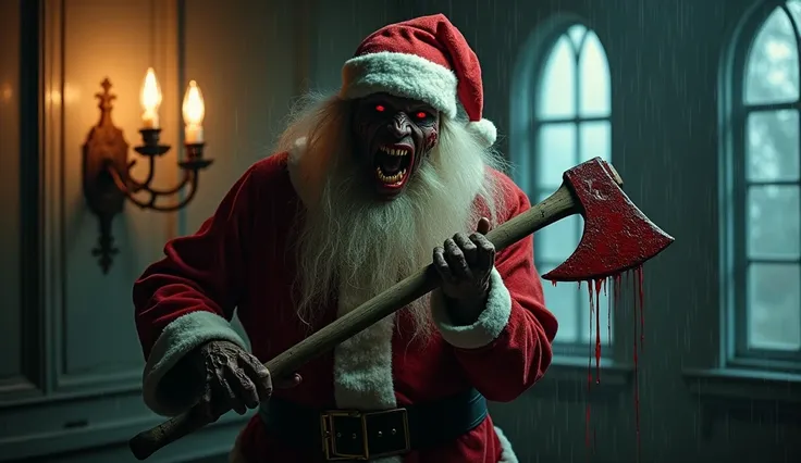 This image shows a horrifying scene with a sinister Santa Claus, hooded figure holding a bloody axe.
"A terrifying, malevolent figure wearing a Santa Claus dress stands in a dimly lit, eerie room during a rainstorm. The character has glowing red eyes, crac...