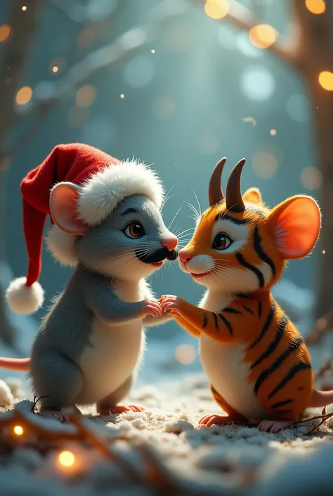 Light gray mouse with Santa Claus hat and black mustache playing with a tigress with horns with lights