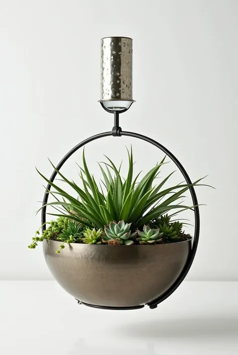 A ROUND HAMGER CLIPS that holds small plants and it have water reservoir on top of it as a self watering plants