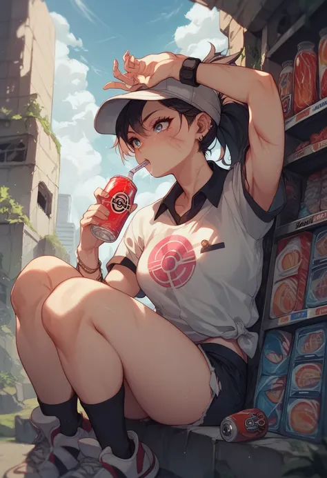 Destroyed city，ruins，An injured  is sitting in front of a Coke vending machine and having fun drinking Coke， There is only one person。