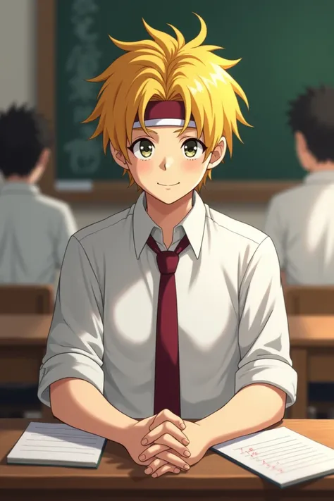 A boy age 18 have yellow hair and wearing head band in fore head also white shirt with dark red tie. Seat in classroom Japanese. 