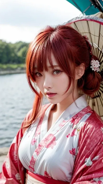 (( Red hair blown by the wind 、 Japanese))、 flower-patterned yukata 、A brightly colored kimono。(realiStic、 photorealistic、 super detailed、beSt detailed SkinS、higheSt quality、maSterpiece、超A high reSolution)、cute ruSSian woman、S、high School girl、 young girl、...