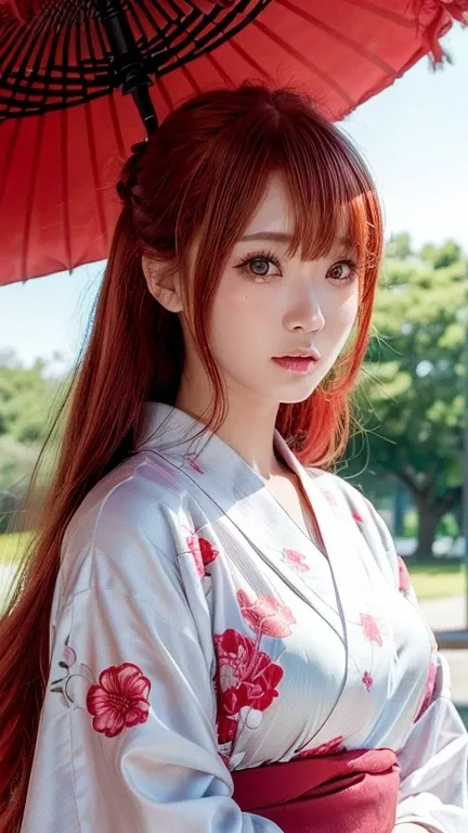 (( Red hair blown by the wind 、 Japanese))、 flower-patterned yukata 、A brightly colored kimono。(realiStic、 photorealistic、 super detailed、beSt detailed SkinS、higheSt quality、maSterpiece、超A high reSolution)、cute ruSSian woman、S、high School girl、 young girl、...