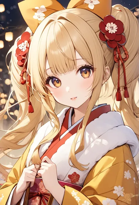 kimono、New Year、A beautiful girl with long Blonde hair, twin tails and a ribbon on her head  .透き通るような瞳、 Cute and beautiful.