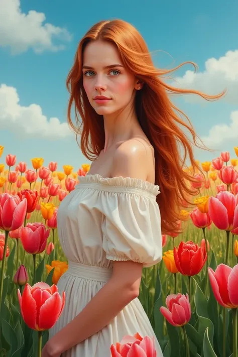 Anna Oginova on a field with tulips