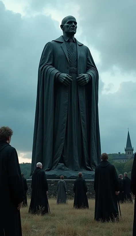 A group of Muggles of various ages and appearances ,  dressed in worn clothes and faces full of exhaustion ,  carve a giant statue of Voldemort out of black marble .  The scene takes place at dusk ,  in an open field surrounded by dark wizards who watch ov...