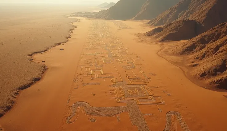 A view from a small plane flying over the Nazca Lines, revealing the vast and mysterious desert landscape of Peru. The aerial perspective captures the full complexity of the lines, including geometric patterns and depictions of animals, with the desert bac...