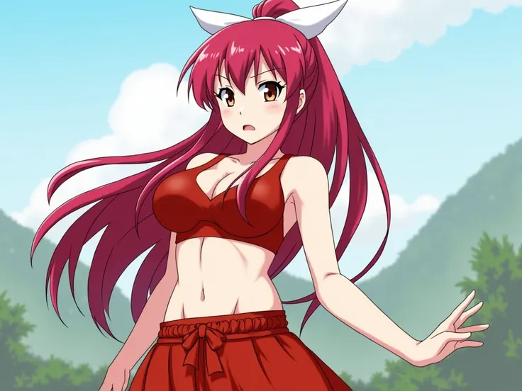 Erza Scarlet, Masterpiece, Best Quality, hight resolution, fairytale, 1girl, hairlong, red hair, pony tail, white ribbon, Brown eyes, large breasts, clavicle, bare arms, midriff, Red Hakama, red pants, outdoors, Standing, epic pose, red sports bra