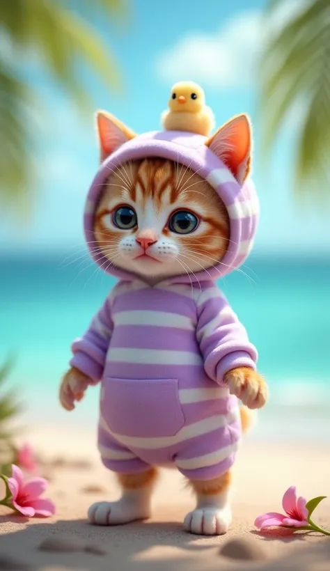 20 %の大きさで描かれたRealisticな赤ちゃん猫,  baby cat wearing a light purple and white striped costume,  a baby cat wearing a costume from head to foot ,  a baby cat with a small chick on its head ,  a cute baby cat standing on 2 back legs ,  baby cat without nails , Ca...