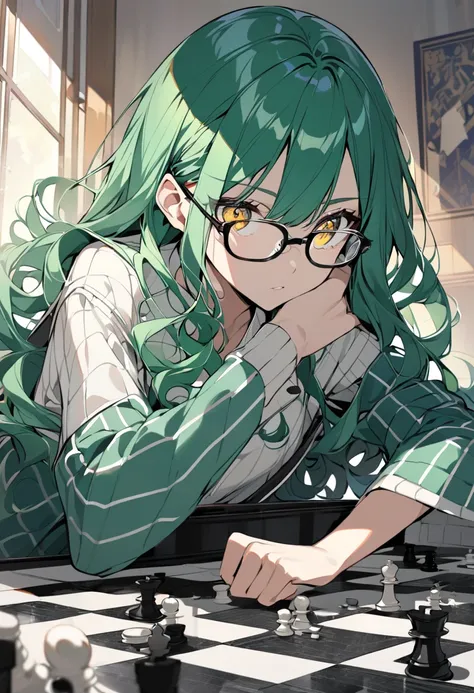 girl, teenager, beautiful, curly hair, long hair, playing chess, arm cross, glasses, green hair, yellow eyes, frontface