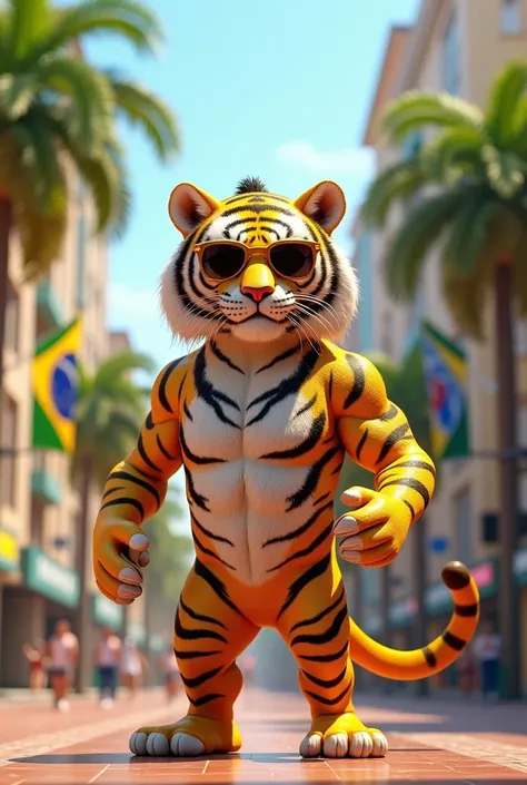 The image is an advertisement  called "Fortune Tiger"  digital 3D and full realistic of a colourful . The background of the image is city with 2 palm trees at the right and left side with flags of Brazil, knee up body, there is a golden  and sunglasses, st...