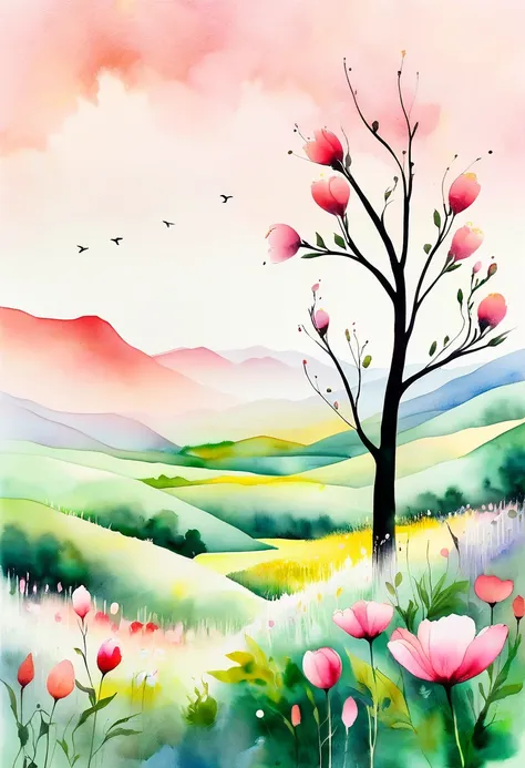 Soft tones， lightweight style ，Comfortable and calm，Nature，Warm and cozy，garden， This watercolor painting shows the beautiful scenery of wildflowers and peach blossoms in a field。The picture is dominated by a white background ， highlights the vibrant color...