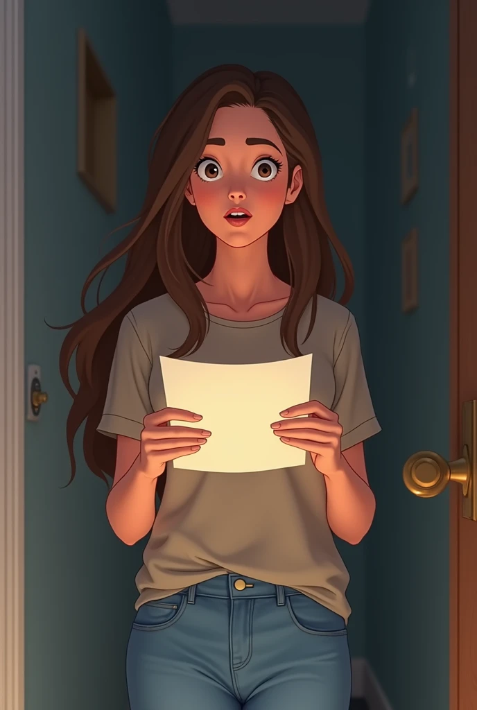 A young woman in her early 20s, with long brown hair and casual clothes (a simple shirt and jeans), stands at her doorstep, holding a mysterious letter in her hands. The letter is plain and simple, and she looks both curious and intrigued. Her expression i...