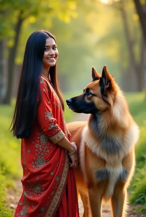 Create a highly realistic image of a 20-year-old Pakistani girl with long, silky black hair, smiling warmly. She is dressed in vibrant traditional Pakistani clothing and standing outdoors confidently. Beside her is a tall, elegant dog with long, silky hair...