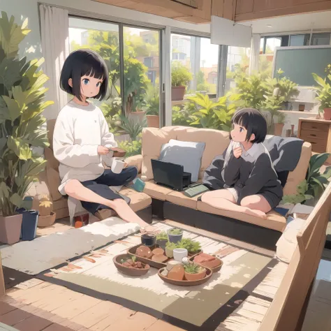 best quality, ultra-detailed, illustration, 
kotatsu, plant, black hair, television, indoors, potted plant, short hair, sitting, plate, couch, food, long sleeves, rug, wooden floor, sweater, shirt, holding, 
 