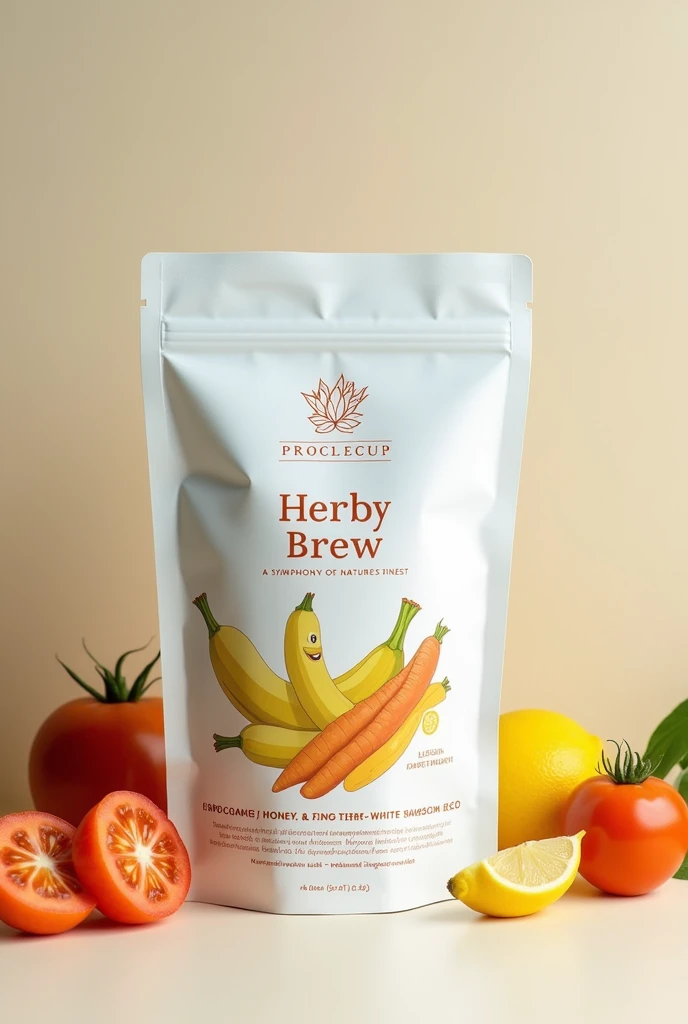 i want you to create an aesthetic minimalist yet elegant packaging design for my Innovation product "herbal bag" contain banana blossoms, carrot, tomato, ginger, honey, tumeric, tamarind and lemon "in a zipper bag
packaging" (insert the name and the taglin...